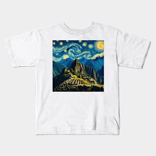 Macchu Piccu, Peru, in the style of Vincent van Gogh's Starry Night Kids T-Shirt